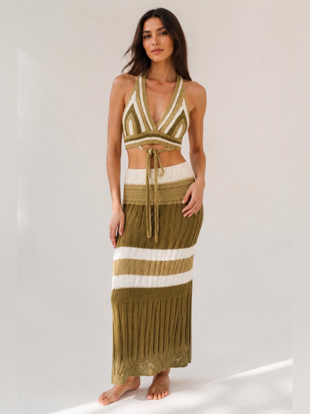 Olive and White Crochet Halter Bralette - Two-Piece Knit Set